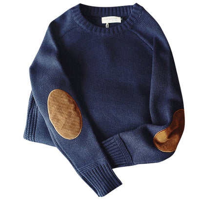 Heren Sweater met Ronde Kraag en Kunstleren Patches voor Casual Look Blauw