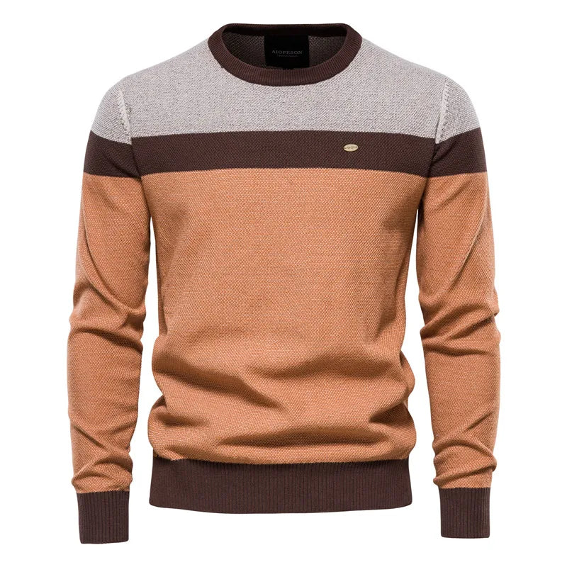 Heren Casual Trui met Ronde Hals en Kleurblokken Bruin