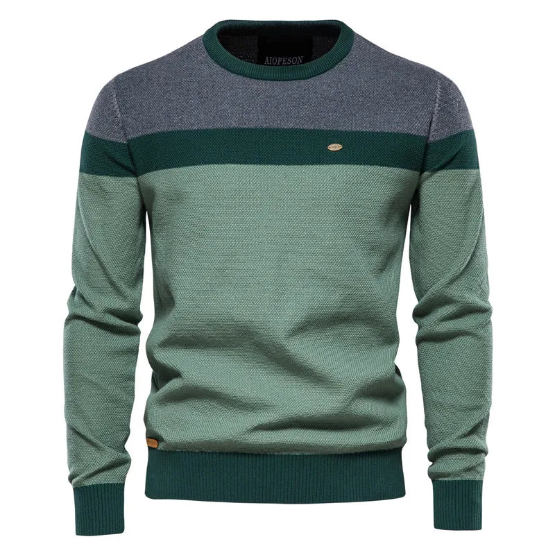 Heren Casual Trui met Ronde Hals en Kleurblokken Groen