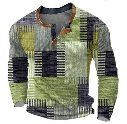 Heren Henley Shirt Patchwork met Lange Mouwen Groen