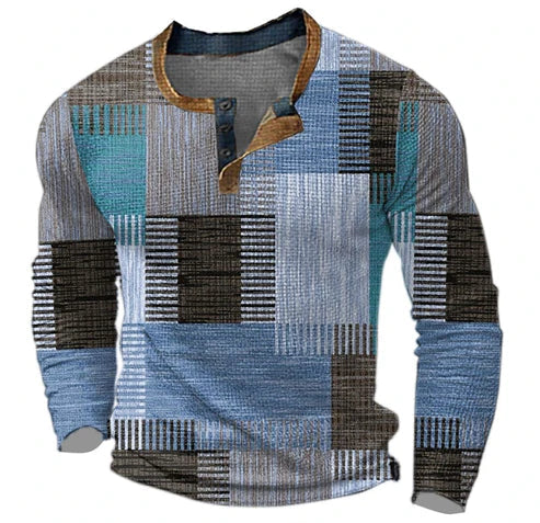 Heren Henley Shirt Patchwork met Lange Mouwen Blauw