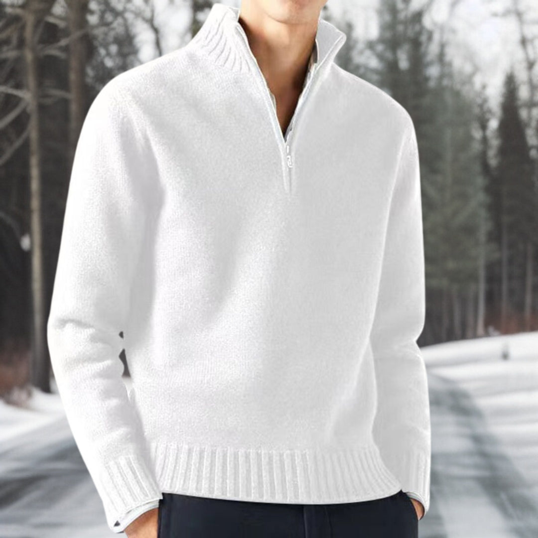 Heren Pullover Trui met Breistructuur en Kwarts Rits Wit