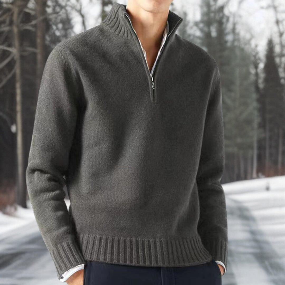 Heren Pullover Trui met Breistructuur en Kwarts Rits Grijs