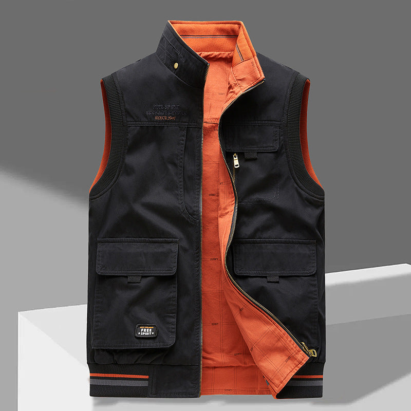 Heren Reversible Utility Vest Zonder Mouwen met Rits en Praktische Zakken Zwart