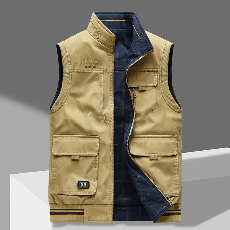 Heren Reversible Utility Vest Zonder Mouwen met Rits en Praktische Zakken Khaki
