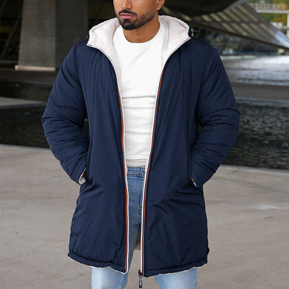 Heren Lange Winterjas met Capuchon, Binnenvoering en Meerdere Zakken Blauw