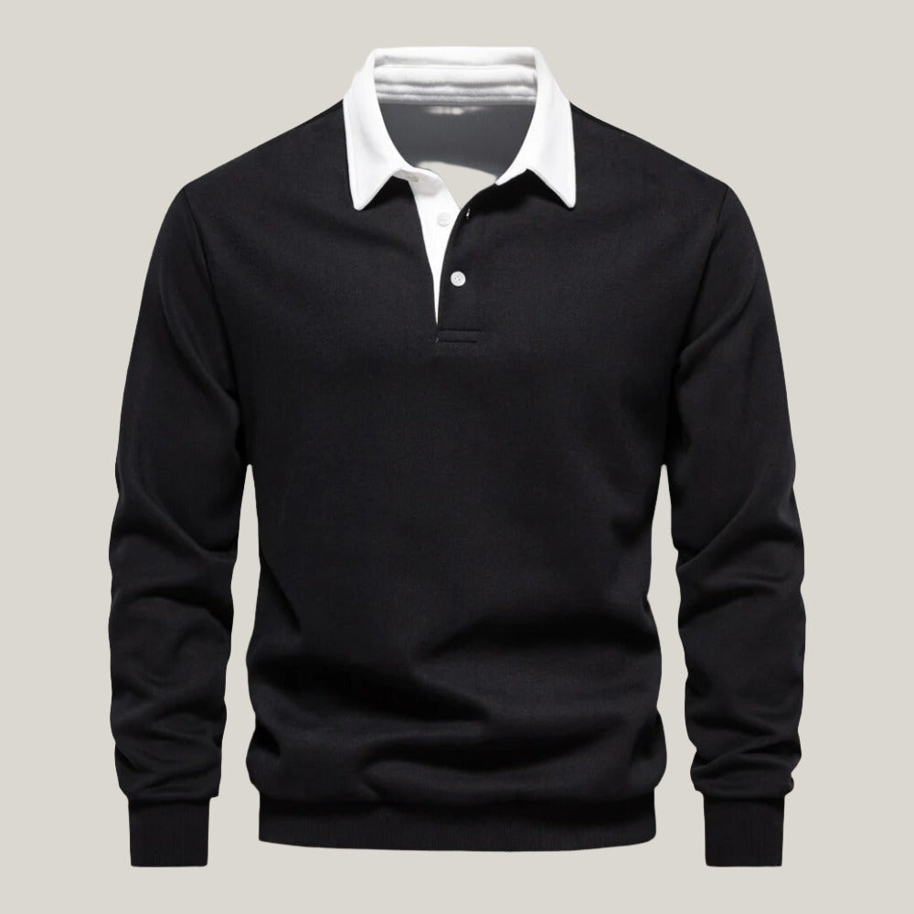 Heren Polo Shirt Lange Mouwen Katoen Zwart