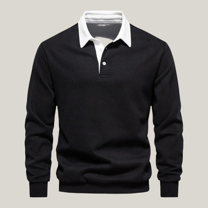 Heren Polo Shirt Lange Mouwen Katoen Zwart