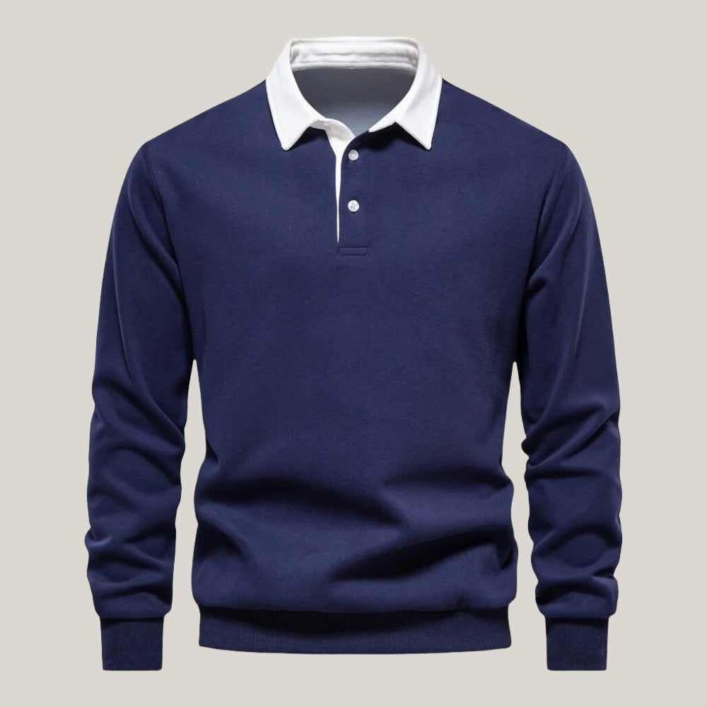 Heren Polo Shirt Lange Mouwen Katoen Marineblauw