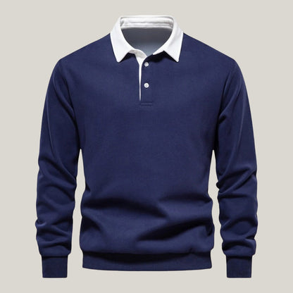 Heren Polo Shirt Lange Mouwen Katoen Marineblauw