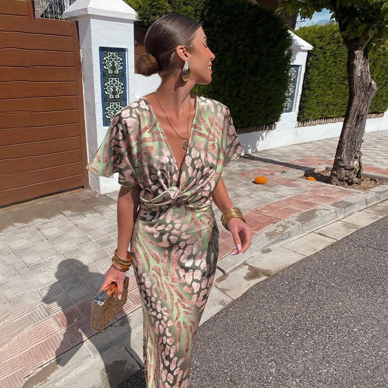 Dames Maxi Jurk met V-hals en Gedraaide Details voor Zomer en Diverse Gelegenheden