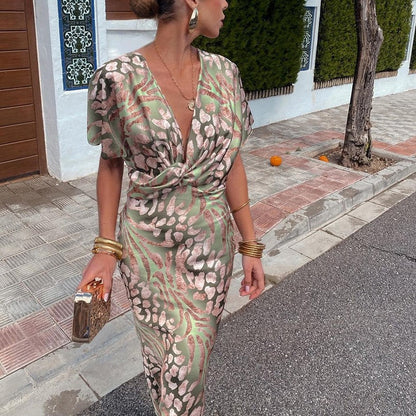Dames Maxi Jurk met V-hals en Gedraaide Details voor Zomer en Diverse Gelegenheden