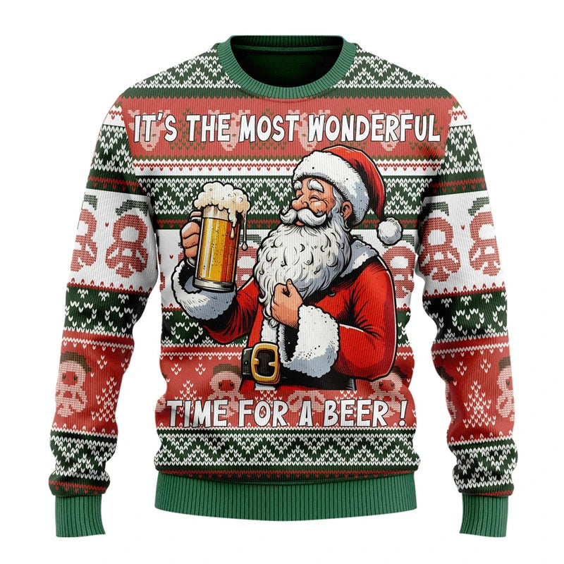 Unisex Kersttrui met Lange Mouwen en Bierthema Print Groen Rood