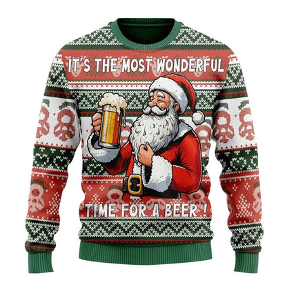 Unisex Kersttrui met Lange Mouwen en Bierthema Print Groen Rood