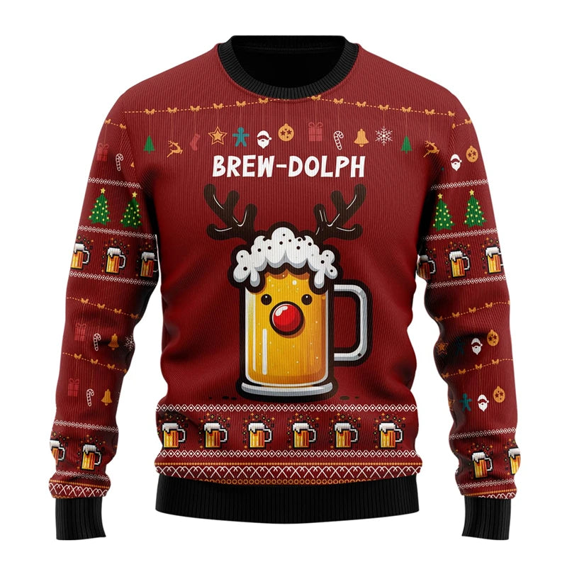 Unisex Kersttrui met Lange Mouwen en Bierthema Print Rood 1