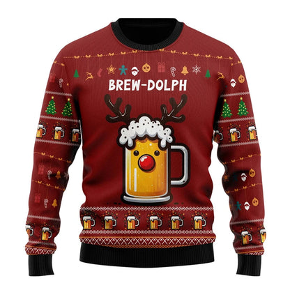 Unisex Kersttrui met Lange Mouwen en Bierthema Print Rood 1