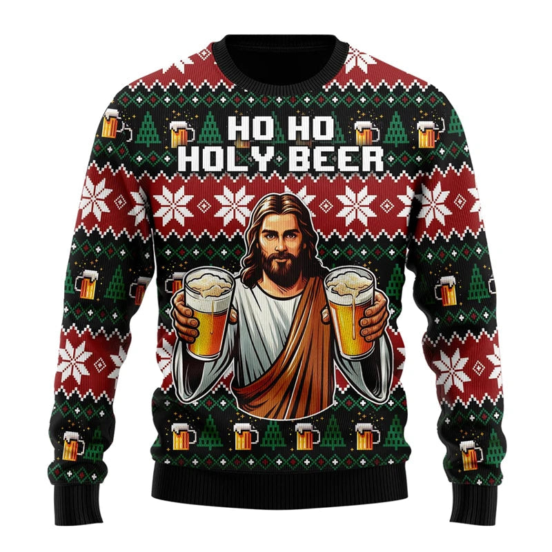 Unisex Kersttrui met Lange Mouwen en Bierthema Print Zwart 2