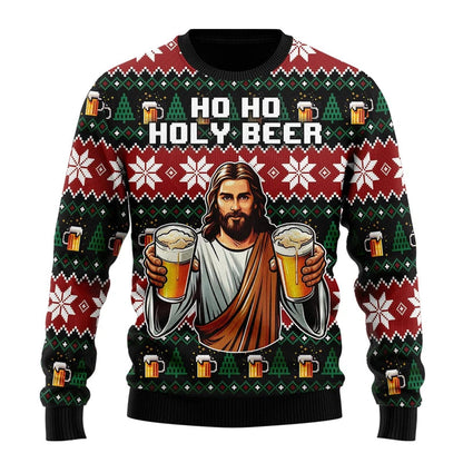 Unisex Kersttrui met Lange Mouwen en Bierthema Print Zwart 2