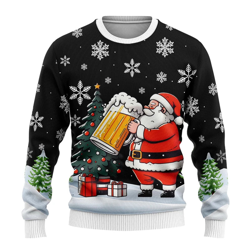 Unisex Kersttrui met Lange Mouwen en Bierthema Print Zwart