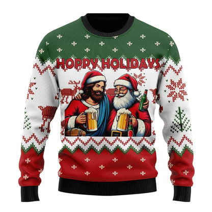Unisex Kersttrui met Lange Mouwen en Bierthema Print Groen Wit Rood