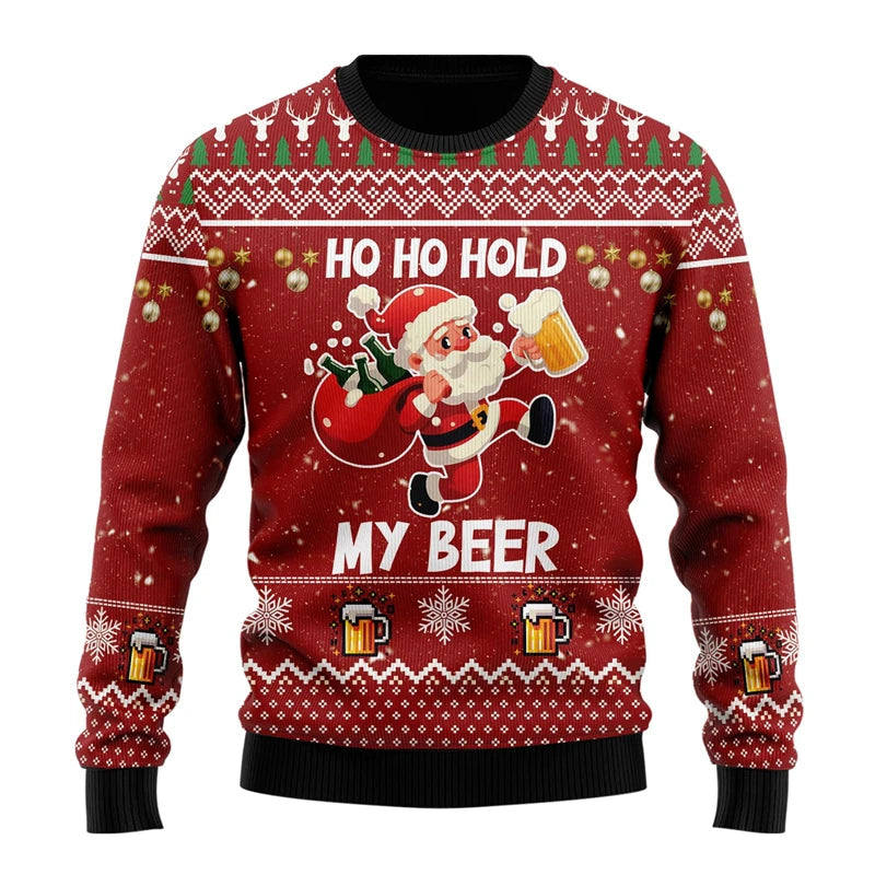Unisex Kersttrui met Lange Mouwen en Bierthema Print Rood 2