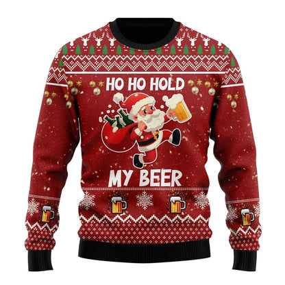 Unisex Kersttrui met Lange Mouwen en Bierthema Print Rood 2