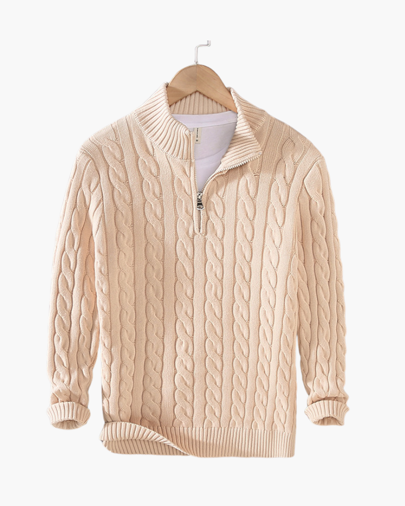 Heren Half Zip Katoenen Trui met Kabelpatroon Beige