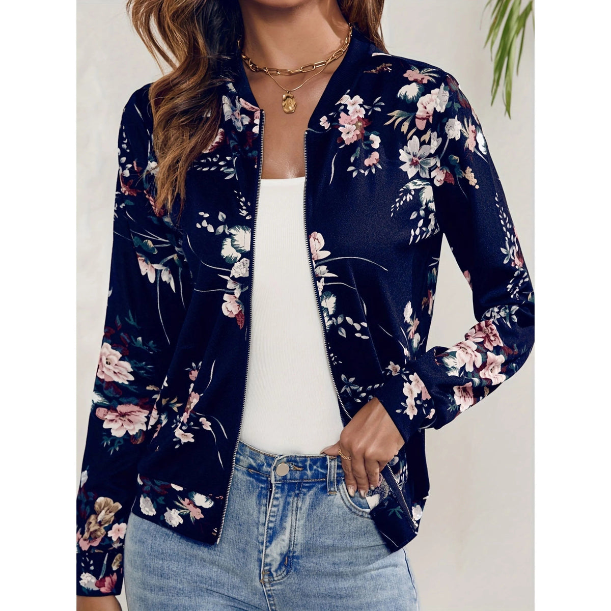 Dames Bomberjack met Bloemenprint Marineblauw