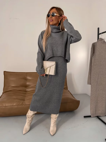 Dames Gebreide Tweedelige Set Coltrui met Midi Jurk Grijs