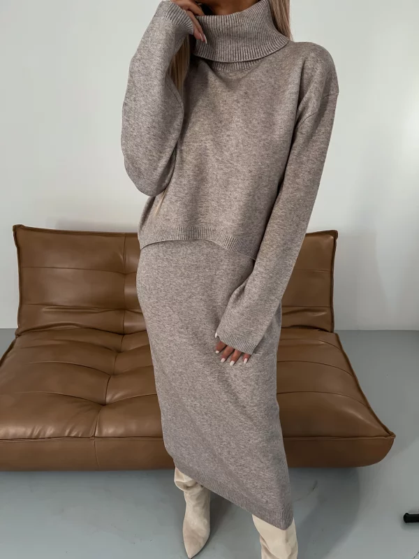 Dames Gebreide Tweedelige Set Coltrui met Midi Jurk