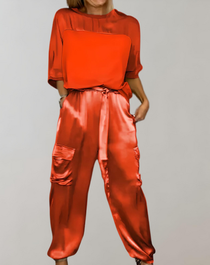 Vrouwen Stijlset met 3/4 Mouwen en Cargo Broek voor Elegante Gelegenheden 9