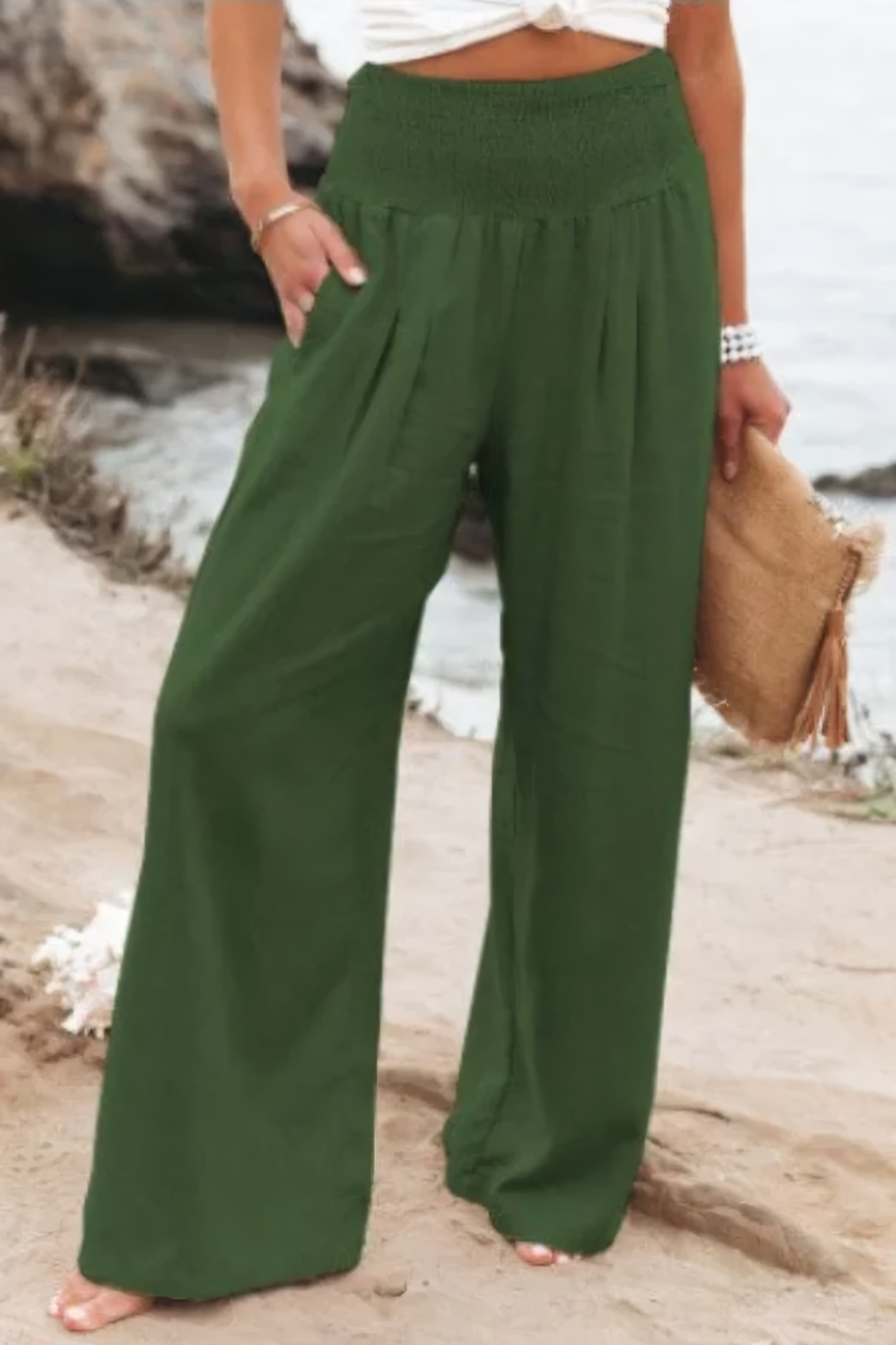 Dames Broek Hoge Taille met Elastische Band Groen