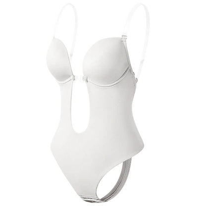 Bodysuit met Diepe V-hals, Open Rug en Verstelbare Bandjes Wit