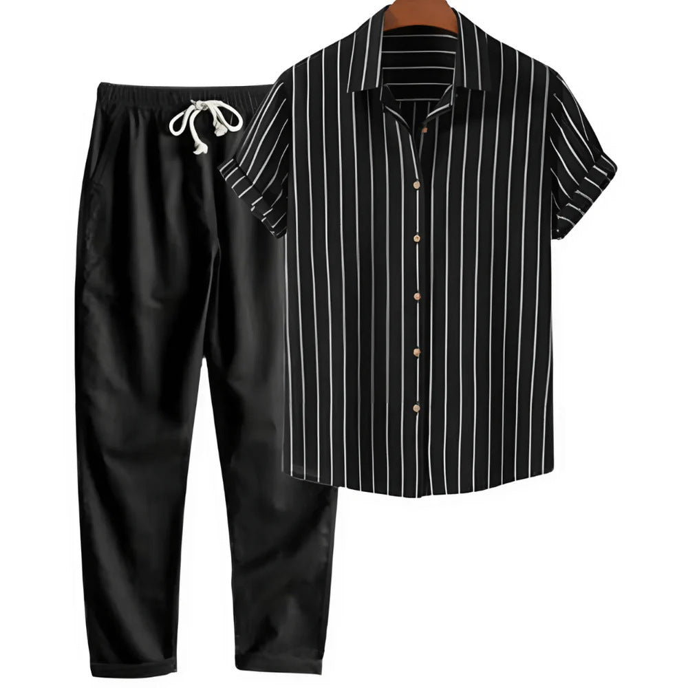 Heren Kledingset Shirt Korte Mouwen en Lange Broek Zwart