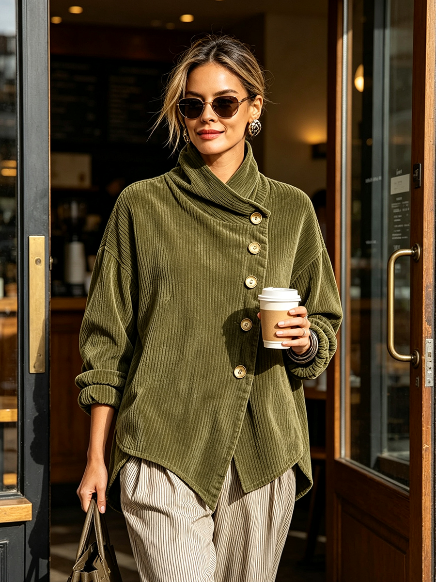 Dames Asymmetrische Sweater met Opstaande Kraag en Schuine Knoopsluiting