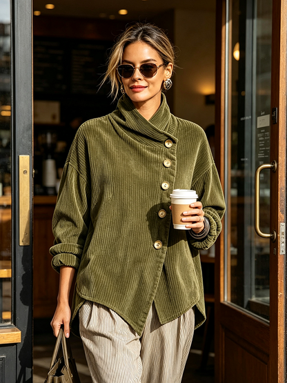Dames Asymmetrische Sweater met Opstaande Kraag en Schuine Knoopsluiting