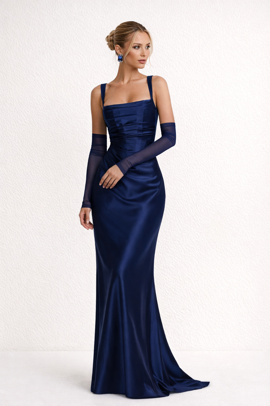 Dames Avondjurk Lang Mouwloos met Vierkante Hals en Vetersluiting aan de Rug Marineblauw