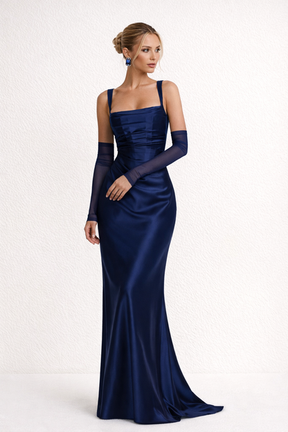 Dames Avondjurk Lang Mouwloos met Vierkante Hals en Vetersluiting aan de Rug Marineblauw