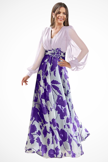 Dames Avondjurk Lange Mouw met V-hals, Ballonmouwen en Bloemenprint Lila Turquoise