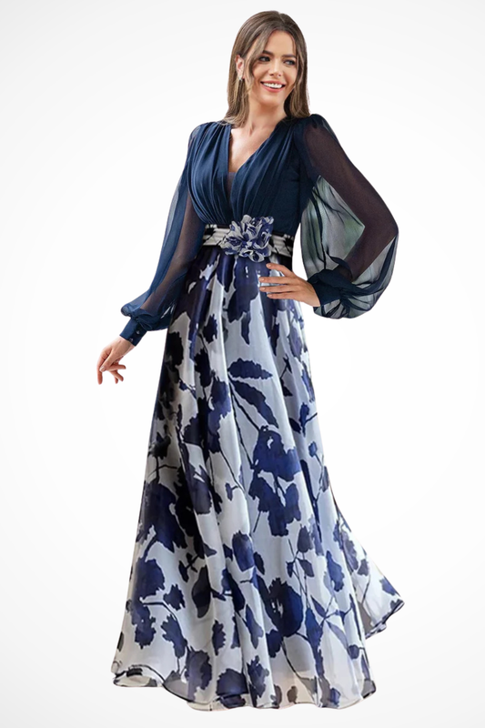 Dames Avondjurk Lange Mouw met V-hals, Ballonmouwen en Bloemenprint Marineblauw