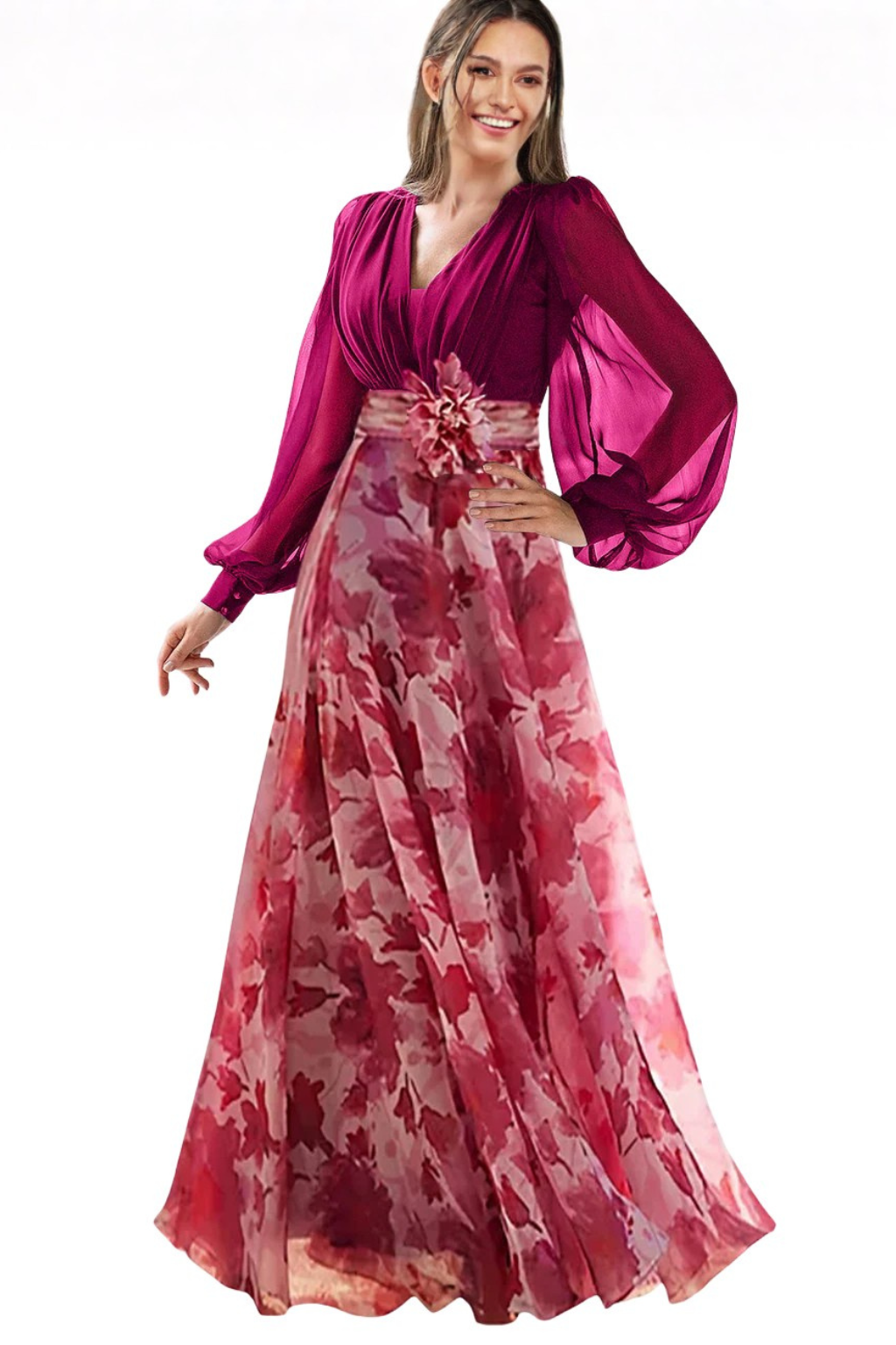 Dames Avondjurk Lange Mouw met V-hals, Ballonmouwen en Bloemenprint Roze