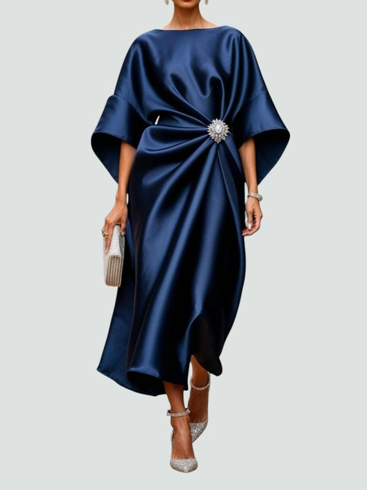 Dames Avondjurk met Vleermuismouwen en Broches Drapering Midi Marineblauw