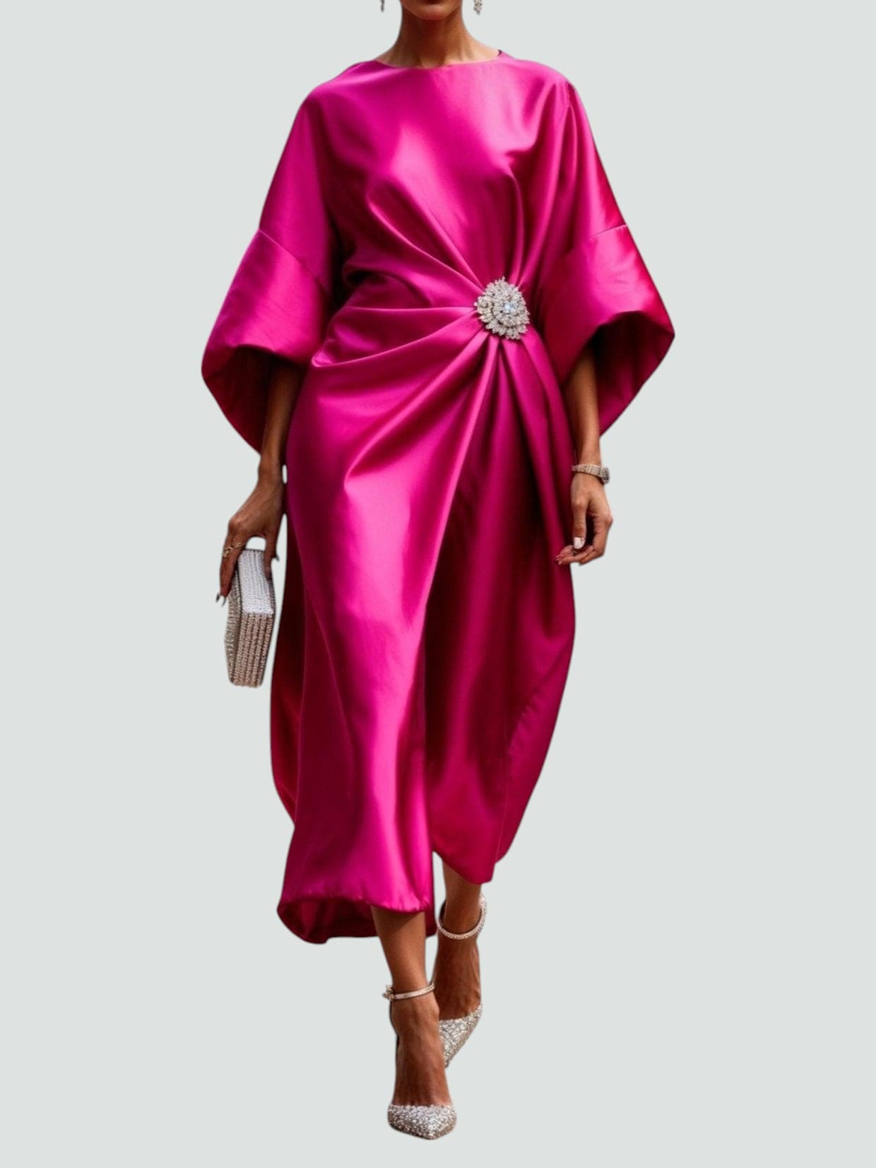 Dames Avondjurk met Vleermuismouwen en Broches Drapering Midi Roze