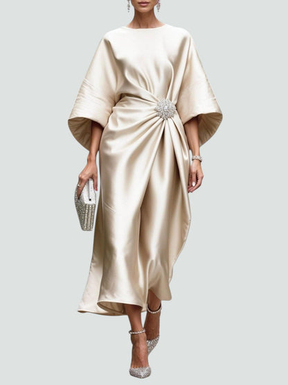 Dames Avondjurk met Vleermuismouwen en Broches Drapering Midi Khaki