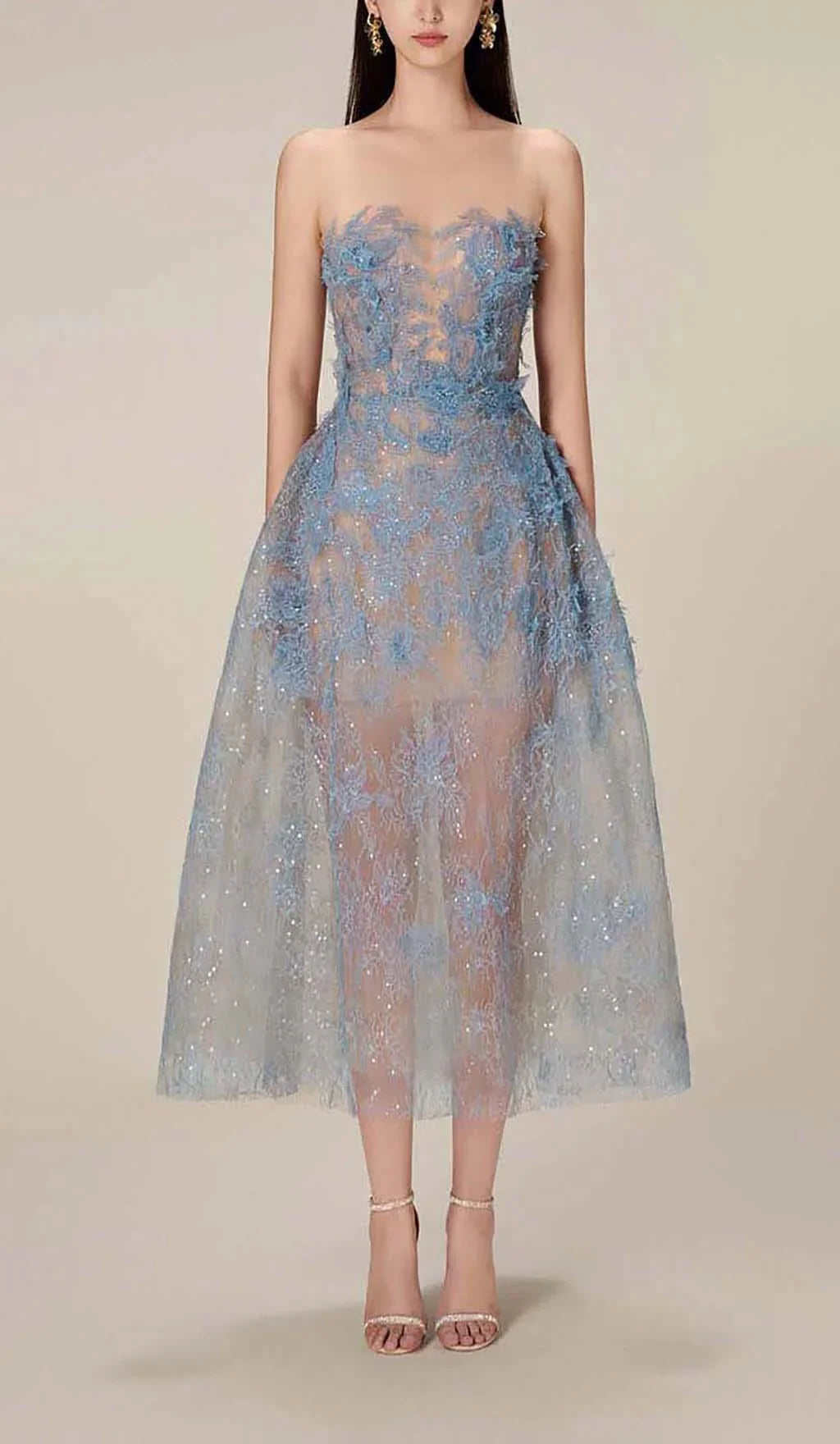 Dames Avondjurk Mouwloos met Bloemborduursel en Glitter Midi Blauw