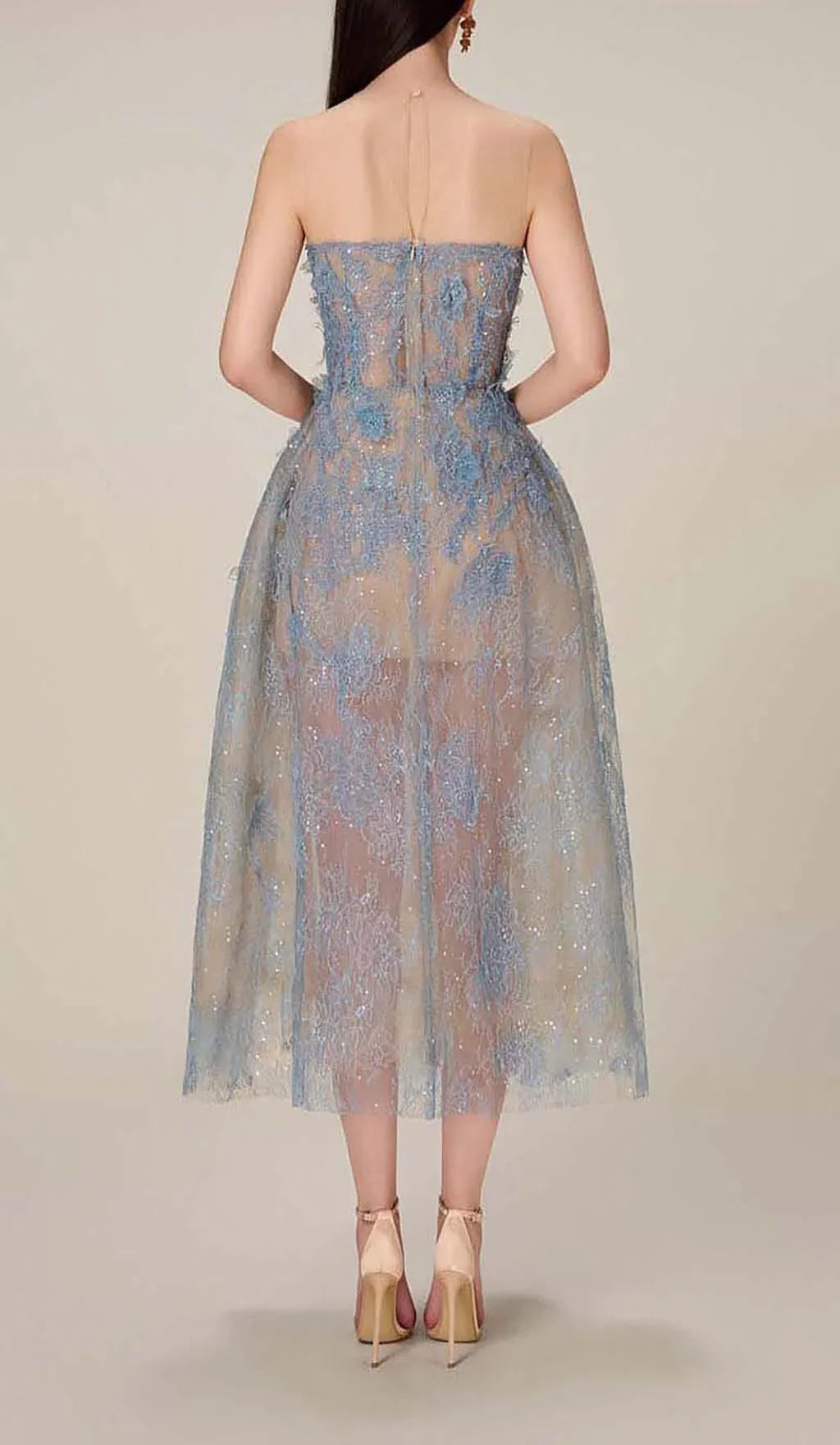 Dames Avondjurk Mouwloos met Bloemborduursel en Glitter Midi
