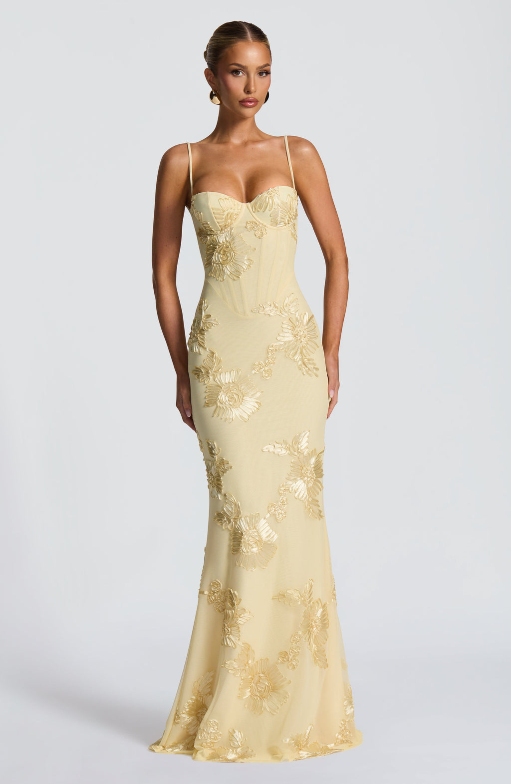 Dames Avondjurk Mouwloos met Corset en Bloemenprint in Mermaid Silhouet Geel