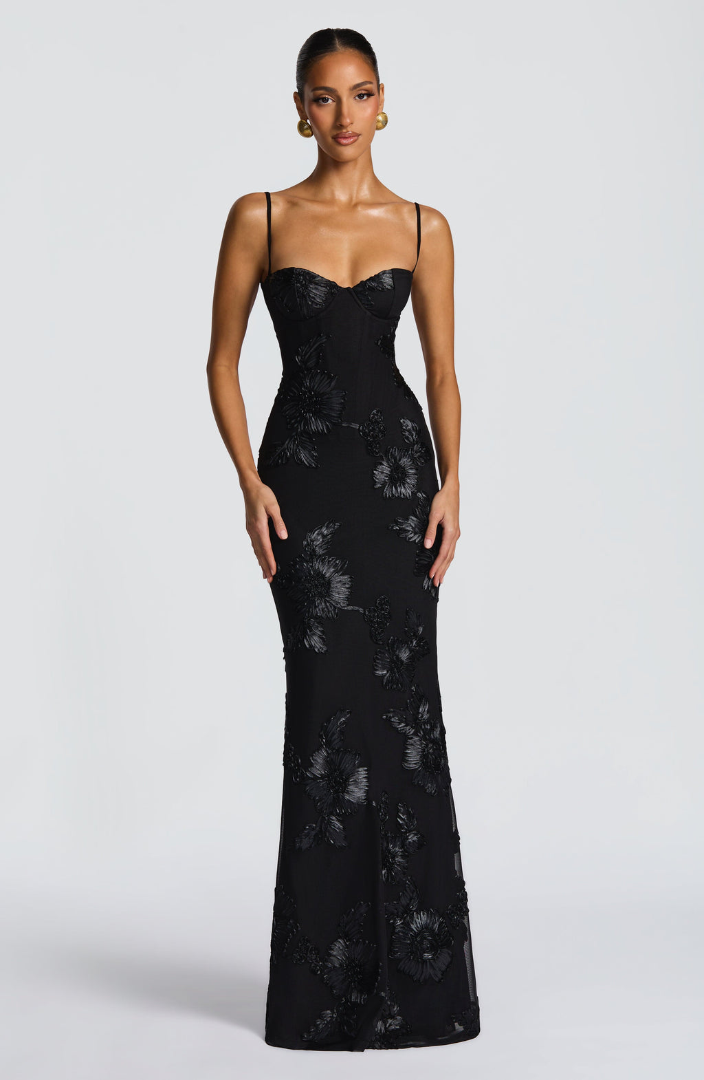 Dames Avondjurk Mouwloos met Corset en Bloemenprint in Mermaid Silhouet Zwart
