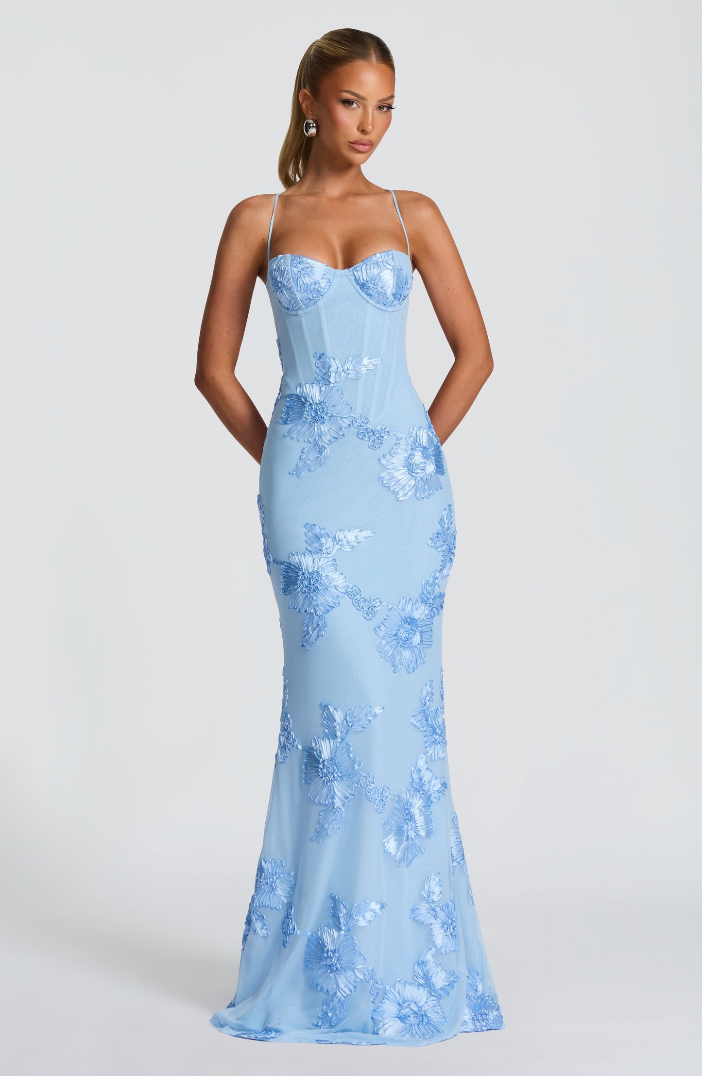 Dames Avondjurk Mouwloos met Corset en Bloemenprint in Mermaid Silhouet Lichtblauw