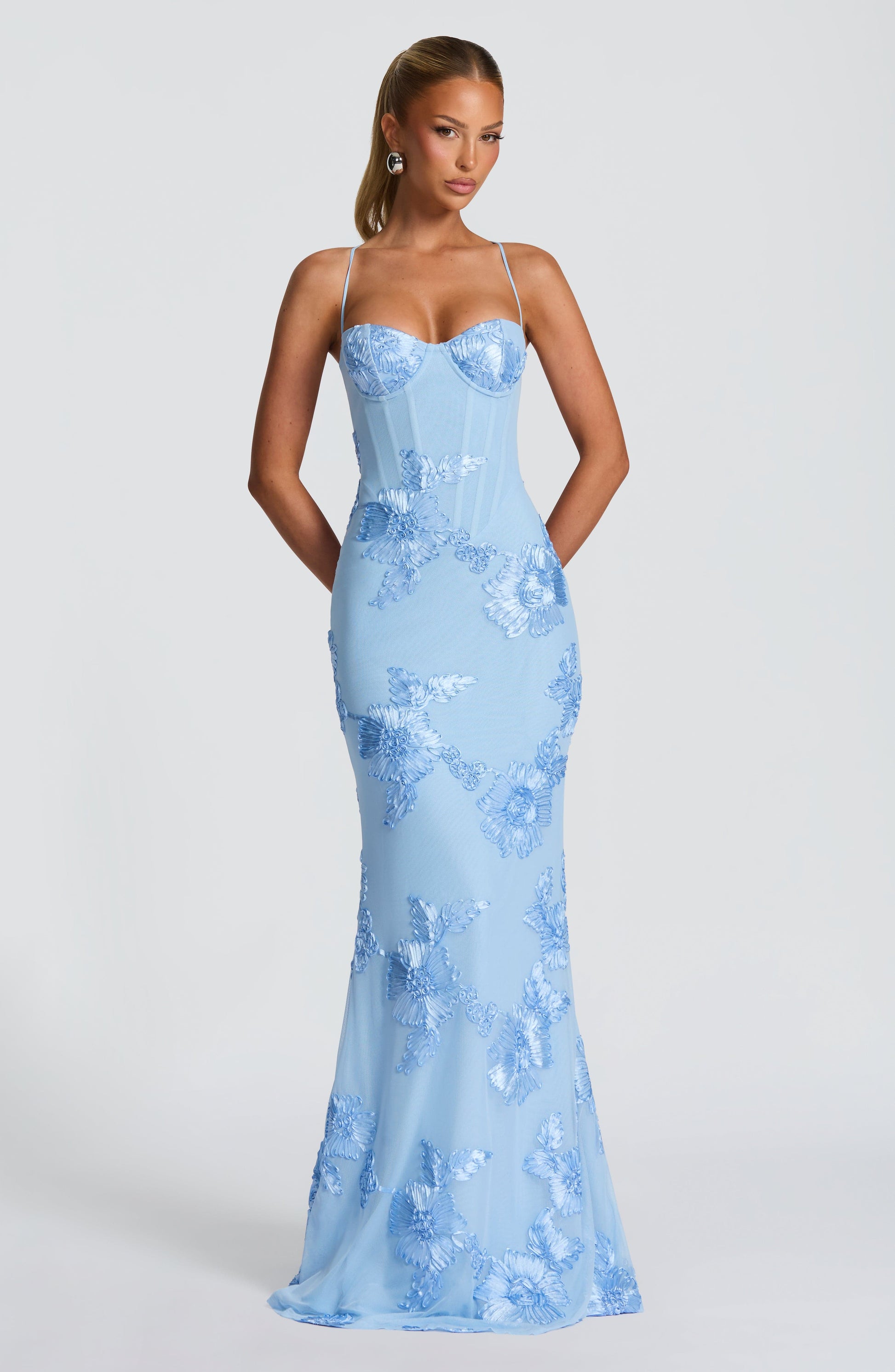 Dames Avondjurk Mouwloos met Corset en Bloemenprint in Mermaid Silhouet Lichtblauw